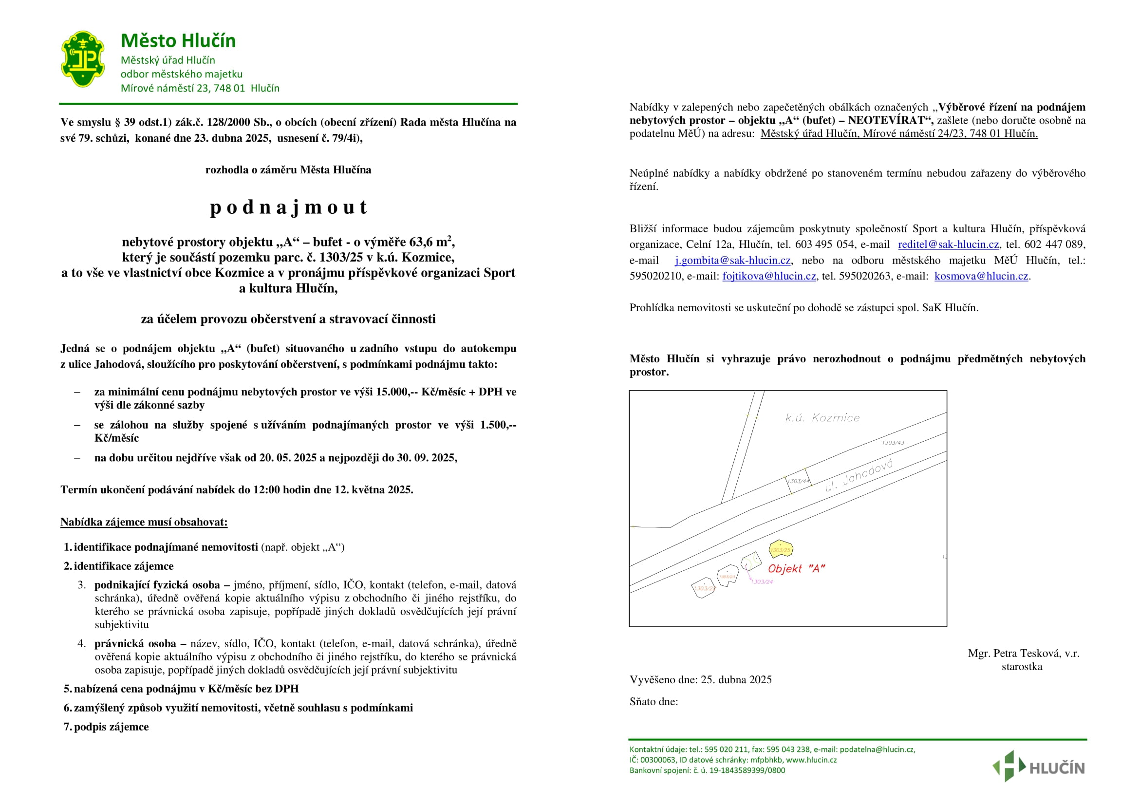 Výběrové řízení na podnájem bufetu u autokempu Hlučín